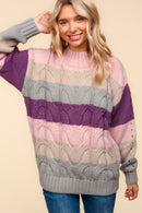 Mauve Mock Neck Multi Color Stripe Cable Pattern Sweater