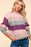 Mauve Mock Neck Multi Color Stripe Cable Pattern Sweater