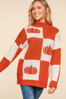 Checkered Pumpkin Jacquard Oversized Sweater