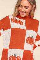Checkered Pumpkin Jacquard Oversized Sweater