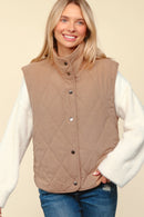 Taupe High Neck Sleeveless Snap Button Corduroy Vest