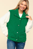 Green High Neck Sleeveless Snap Button Corduroy Vest