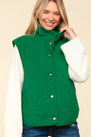 Green High Neck Sleeveless Snap Button Corduroy Vest