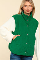 Green High Neck Sleeveless Snap Button Corduroy Vest