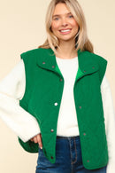 Green High Neck Sleeveless Snap Button Corduroy Vest