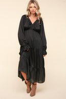 Satin Babydoll Elastic Bubble Long Sleeve Tiered Maxi Dress