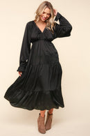 Satin Babydoll Elastic Bubble Long Sleeve Tiered Maxi Dress