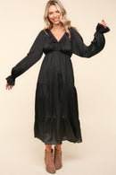 Satin Babydoll Elastic Bubble Long Sleeve Tiered Maxi Dress