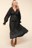 Satin Babydoll Elastic Bubble Long Sleeve Tiered Maxi Dress