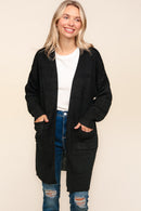 Black Solid Stripe Patterned Textured Open Pocketed Cardigan