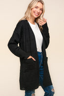 Black Solid Stripe Patterned Textured Open Pocketed Cardigan