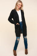 Black Solid Stripe Patterned Textured Open Pocketed Cardigan