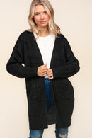 Black Solid Stripe Patterned Textured Open Pocketed Cardigan