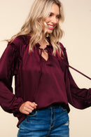 BURGUNDY FRILLED MOCK NECK SOLID SATIN WOVEN TOP