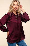 BURGUNDY FRILLED MOCK NECK SOLID SATIN WOVEN TOP