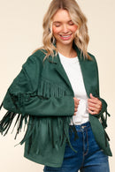 GREEN SUEDE LONG SLEEVE FRINGE DETAIL OPEN JACKET