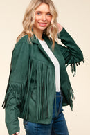 GREEN SUEDE LONG SLEEVE FRINGE DETAIL OPEN JACKET