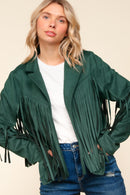 GREEN SUEDE LONG SLEEVE FRINGE DETAIL OPEN JACKET
