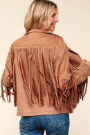 CAMEL SUEDE LONG SLEEVE FRINGE DETAIL OPEN JACKET