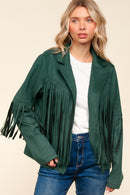 GREEN SUEDE LONG SLEEVE FRINGE DETAIL OPEN JACKET