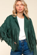 GREEN SUEDE LONG SLEEVE FRINGE DETAIL OPEN JACKET