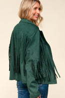 GREEN SUEDE LONG SLEEVE FRINGE DETAIL OPEN JACKET
