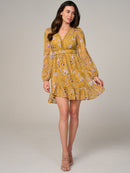 WOMEN'S LONG SLEEVE V-NECK TRIM DETAILED FLORAL PRINT MINI DRESS