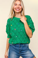 FLOWER EMBROIDERED CROCHET SWEATER KNIT TOP