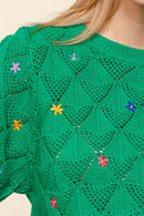 FLOWER EMBROIDERED CROCHET SWEATER KNIT TOP
