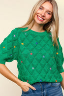 FLOWER EMBROIDERED CROCHET SWEATER KNIT TOP