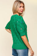 FLOWER EMBROIDERED CROCHET SWEATER KNIT TOP