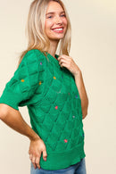 FLOWER EMBROIDERED CROCHET SWEATER KNIT TOP