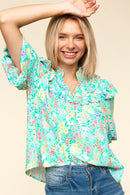 NOTCH NECK RUFFLE AND PUFF SHORT SLEEVE TOP
