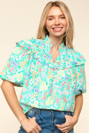 NOTCH NECK RUFFLE AND PUFF SHORT SLEEVE TOP