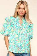 NOTCH NECK RUFFLE AND PUFF SHORT SLEEVE TOP