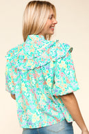 NOTCH NECK RUFFLE AND PUFF SHORT SLEEVE TOP