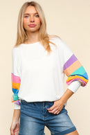 STRIPE DROP SHOULDER SOFT HACCI KNIT TOP