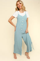 BUTTON DOWN SLEEVELESS WIDE LEG JUMPSUIT