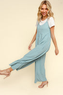 BUTTON DOWN SLEEVELESS WIDE LEG JUMPSUIT