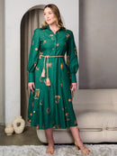 PLUS SIZE LONG SLEEVE BUTTON UP MULTI PRINT SELF TIE MIDI DRESS