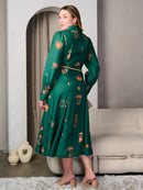 PLUS SIZE LONG SLEEVE BUTTON UP MULTI PRINT SELF TIE MIDI DRESS