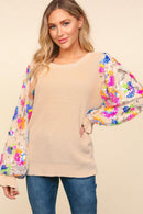 TAUPE MULTI COLOR FLORAL SEQUINS MESH SLEEVE TOP