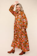 Plus Rust Collared Notch Neck Babydoll Maxi Knit Dress