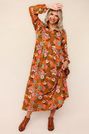 Plus Rust Collared Notch Neck Babydoll Maxi Knit Dress