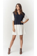 SWEATER BUCKLE VEST AND WOVEN DRESS TWO FER SET