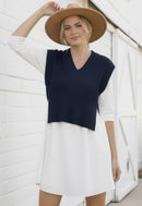 SWEATER BUCKLE VEST AND WOVEN DRESS TWO FER SET
