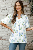 FLORAL WOVEN TOP W/ BUBBLE PUFF SHORT SLEEVE