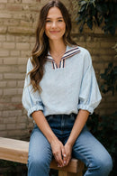 TAPED COLLAR DOLMAN SHORT SLEEVE WOVEN TOP