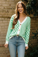 PLUS BUTTON DOWN CHECKER STRIPE SWEATER CARDIGAN