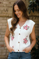 BUTTON DOWN FLORAL EMBROIDERY SWEATER VEST